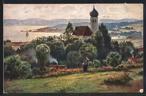 Künstler-AK Herrsching /Ammersee, Blick auf die Kirche vom Feld aus