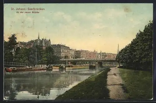 AK Saarbrücken-St. Johann, Lastkähne an der neuen Brücke, Promenade