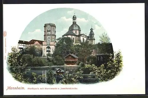 AK Mannheim, Stadtpark mit Sternwarte und Jesuitenkirche