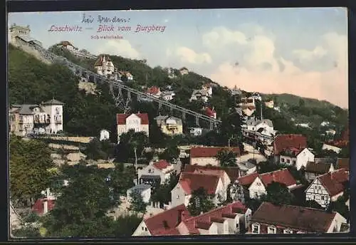 AK Dresden-Loschwitz, Blick vom Burgberg mit Schwebebahn