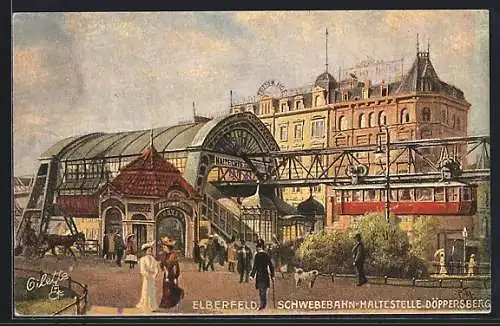 AK Elberfeld, Schwebebahn-Haltestelle Döppersberg mit Spaziergängern