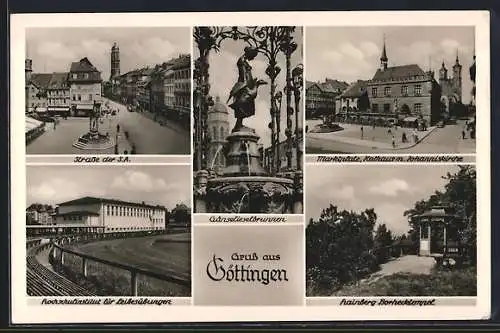 AK Göttingen, Strasse der S. A. mit Geschäften und Brunnen, Marktplatz und Rathaus mit Johanniskirche, Gänselieselbrunnen