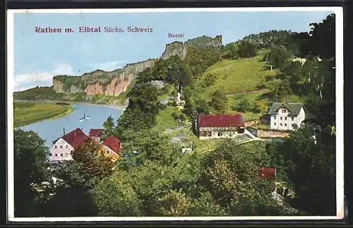 AK Rathen, Blick über die Ortschaft auf die Bastei