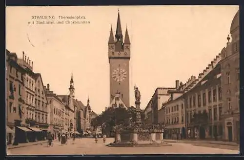 AK Straubing, Theresienplatz mit Stadtturm und Chorbrunnen