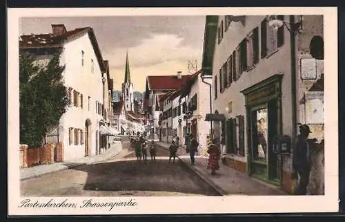 AK Partenkirchen, Strassenpartie mit Blick zur Kirche