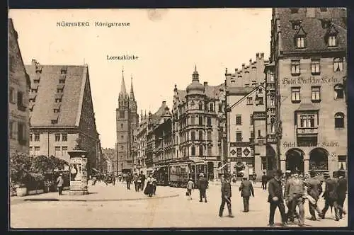 AK Nürnberg, Königstrasse mit Lorenzkirche und Strassenbahn