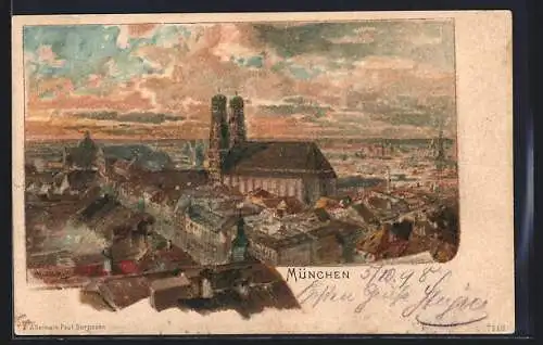 Lithographie München-Au, Teilansicht mit Blick auf die Frauenkirche aus der Vogelschau