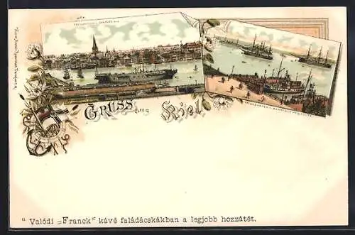 Lithographie Kiel, Kriegshafen mit Dampfschiffbrücke, Totalansicht von Gaarden aus