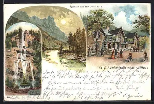 Lithographie Oker, Hotel Romkerhalle, Rabenklippe, Wasserfall