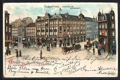 Lithographie Berlin, Gasthaus Pschorr-Palast, Friedrichstrasse 165, beleuchtete Fenster und Mond