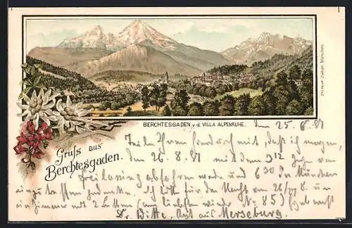 Lithographie Berchtesgaden, Gesamtansicht v. d. Villa Alpenruhe