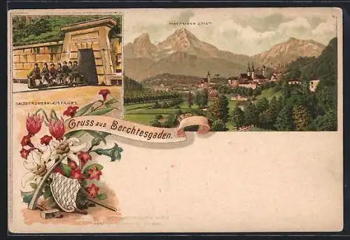 Lithographie Berchtesgaden, Gesamtansicht mit Watzmann, Salzbergwerk-Ausfahrt