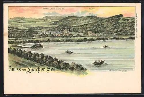 Lithographie Laach, Abtei, Kirche und Hotel am Laacher See