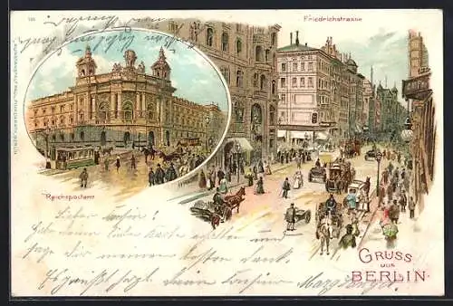 Lithographie Berlin, Reichspostamt Friedrichstrasse Ecke Jägerstrasse, Strassenbahn