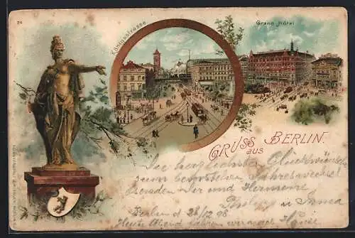 Lithographie Berlin, Alexanderplatz, Grand Hotel, Königstrasse, Berolina, Wappen von Berlin