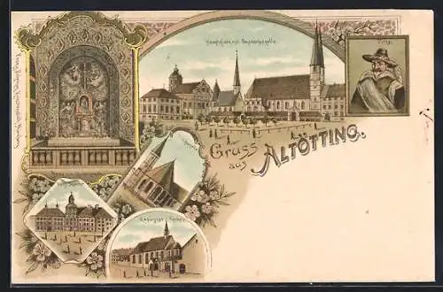 Lithographie Altötting, Hauptplatz mit Gnadenkapelle, Tillykapelle, Engl. Institut, Kapuzinerkirche, Tilly, Blumen