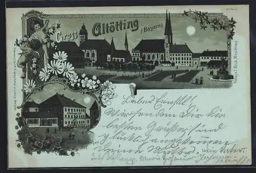 Mondschein-Lithographie Altötting /Bayern, Hotel Altöttinger Hof, Ortsansicht