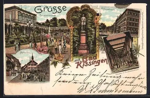 Lithographie Bad Kissingen, Kurhaus-Strasse, Marktplatz und Konversations-Saal