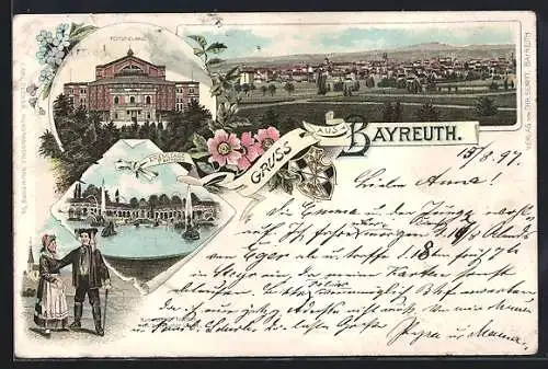 Lithographie Bayreuth, Blick auf Festspielhaus, Eremitage und Paar in Hummelgauer Tracht