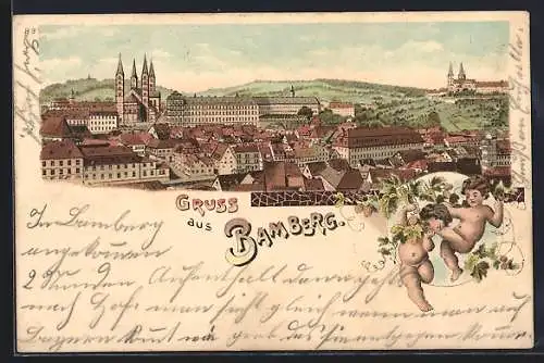 Lithographie Bamberg, Panorama mit Kirche