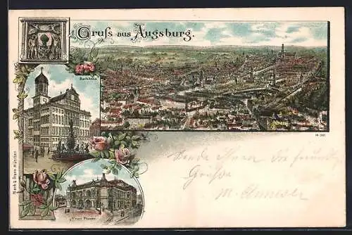 Lithographie Augsburg, Rathhaus, Neues Theater, Gesamtansicht