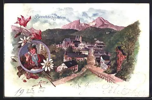 Lithographie Berchtesgaden, Panoramaansicht