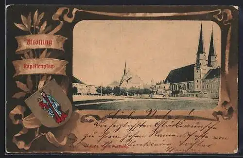 Lithographie Altötting, Kapellenplatz mit Kirche, Wappen-Passepartout