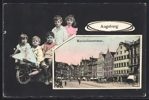 AK Augsburg, Partie in der Maximilianstrasse, Passepartout mit Kindern