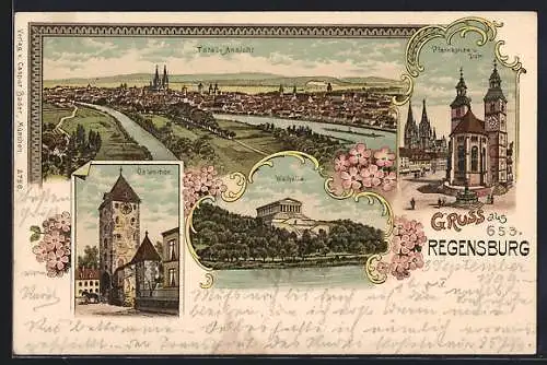 Lithographie Regensburg, Totalansicht, Ostenthor, Pfarrkirche & Dom