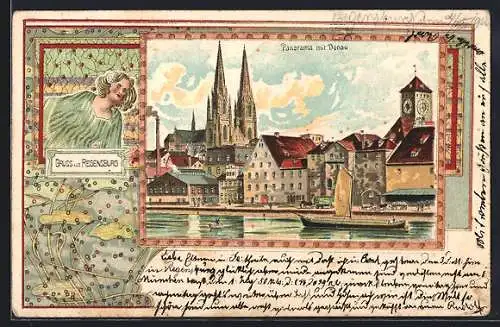 Lithographie Regensburg, Donaupanorama mit dem Regensburger Dom