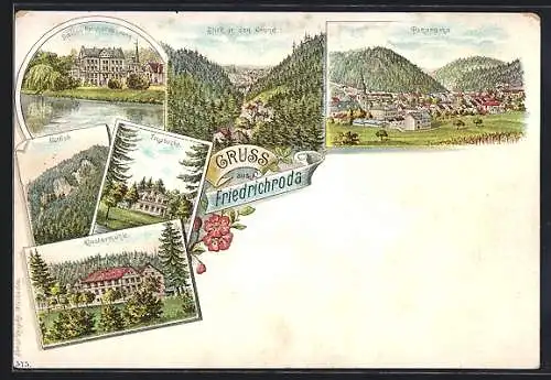 Lithographie Friedrichroda, Schloss Reinhardsbrunn, Klostermühle, Tanzbuche, Gottlob, Gesamtansicht