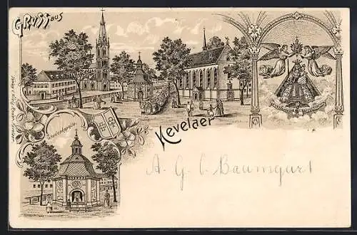 Lithographie Kevelaer, Gnadenkapelle, Gnadenbild, Ortsansicht mit Kirche