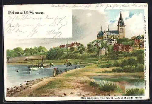 Lithographie Dresden-Briesnitz, Ortsansicht mit Kirche, Dampfer auf dem Fluss