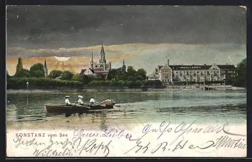 AK Konstanz, Insel-Hotel und Kirche vom See aus