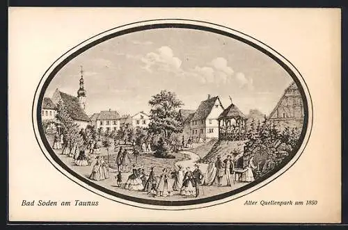 AK Bad Soden / Taunus, Ortsansicht mit Kirche, festl. gekleidete Menschen