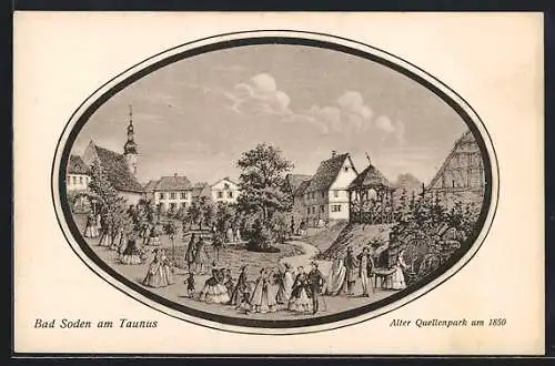 AK Bad Soden / Taunus, Ortsansicht mit Kirche, festl. gekleidete Menschen