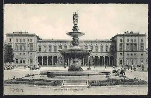 AK Würzburg, Bahnhof mit Kiliansbrunnen