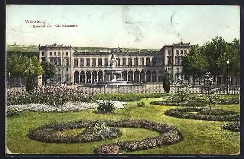 AK Würzburg, Bahnhof mit Kiliansbrunnen