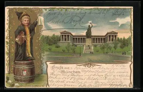 Passepartout-Lithographie München, Bavaria mit Tempel, Münchner Kindl mit Palette
