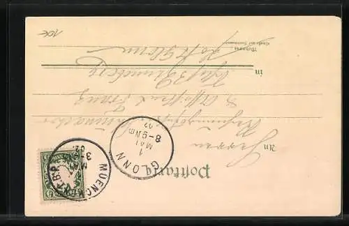 Passepartout-Lithographie München, Bavaria mit Tempel, Münchner Kindl mit Palette