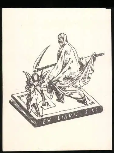 Exlibris Vanitas, der Tod mit Sense nebst Armor Engel auf Buchstehend