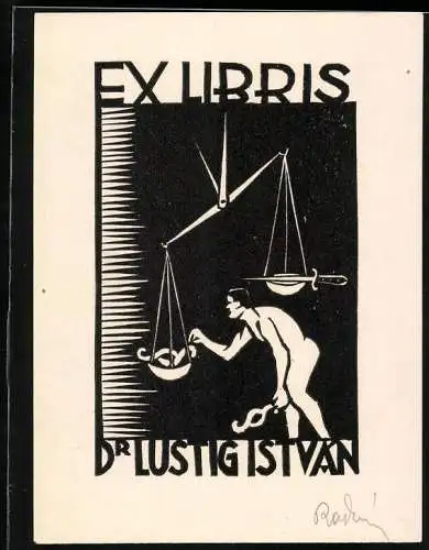 Exlibris Dr. Lustig Istvan, Jurist legt Paragraphen in die Waagschale der Waage