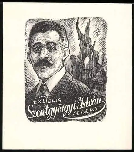 Exlibris Szentggörggi Istvan, Eger, Männer-Portrait & Denkmal