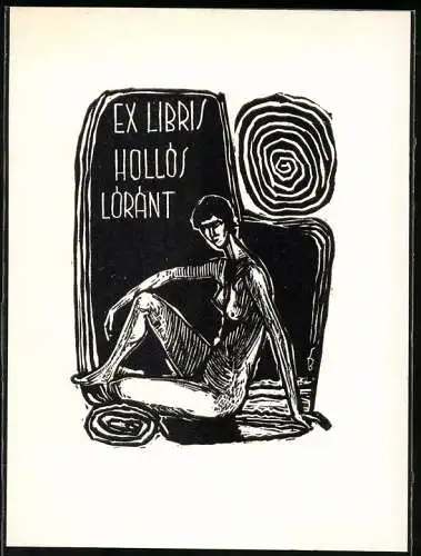 Exlibris Hollos Lorant, Frauenakt auf dem Boden sitzend