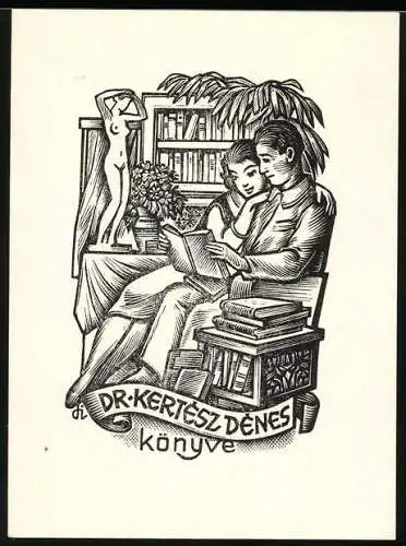 Exlibris Dr. Kertesz Denes, Paar liest gemeinsam ein Buch, Akt-Statuette im Hintergrund