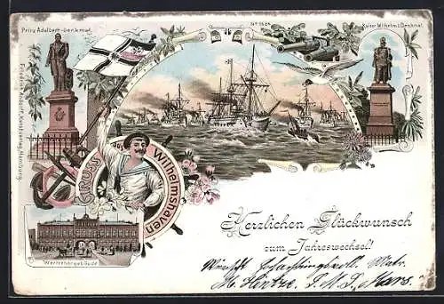 Lithographie Wilhelmshaven, Prinz Adalbert-Denkmal, Kaiser Wilhelm-Denkmal, Kriegsschiffe