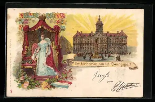 Lithographie Koningin Wilhelmina, Koninklijk Paleis