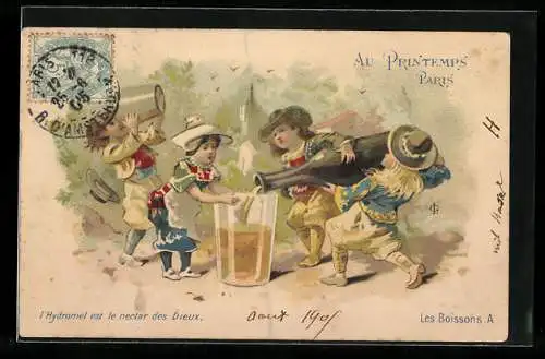 Lithographie Au Printemps Paris, Kinder in Tracht Wein aus riesiger Flasche in riesiges Glas