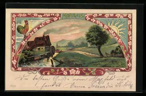 Lithographie Der Morgen  Idyll an einer Wassermühle im Passepartout