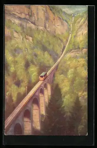 Künstler-AK Bergbahn auf einem Viadukt